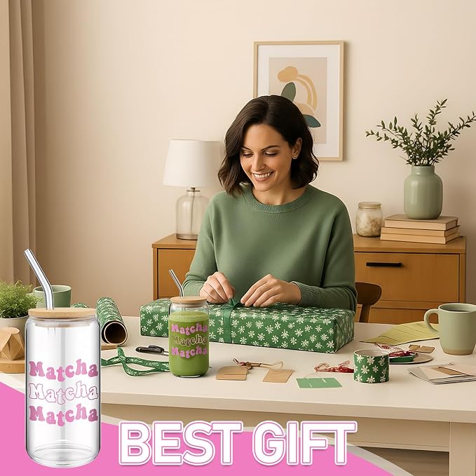 LemonRoad 2 Set 16oz Glass Matcha Cups with Reusable Straw and Bamboo Lid Gifts for Matcha Lovers Cute Pink Print Glass with Cleaning Brush Clear Can Shaped Tumbler for Iced Coffee Party Supply