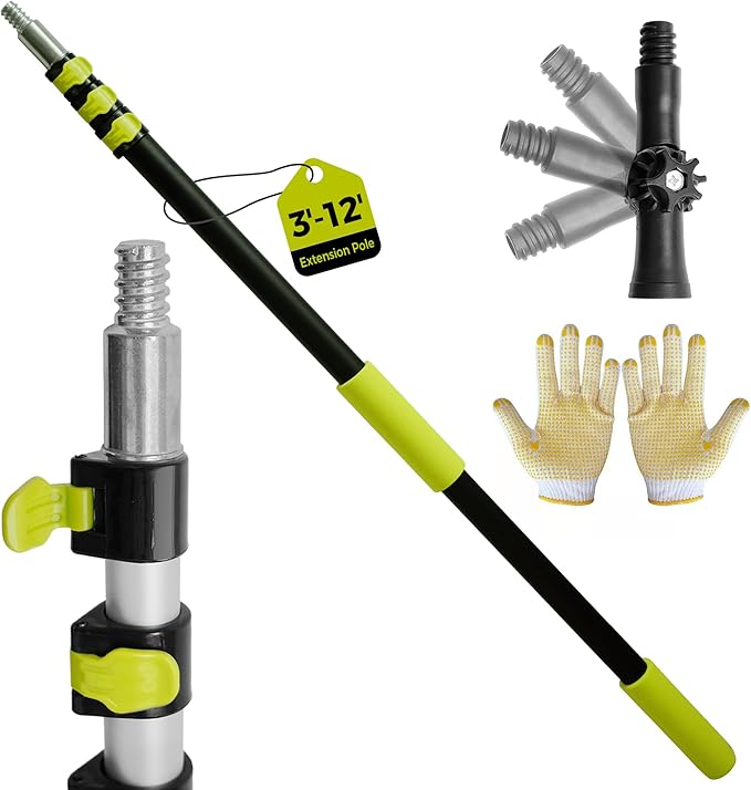 3-12ft Telescopic Extension Pole,Multi-Purpose Extension Pole with 180° Universal Thread Head, Black Oxide Aluminum Extendable Pole with Flip-Lock, for Painting,Dusting,Window Cleaning