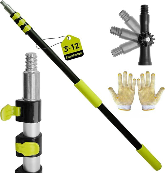 3-12ft Telescopic Extension Pole,Multi-Purpose Extension Pole with 180° Universal Thread Head, Black Oxide Aluminum Extendable Pole with Flip-Lock, for Painting,Dusting,Window Cleaning