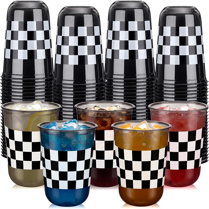 Ziliny 50 Pcs 16oz Black Checkered Cups Racing Party Round Bottom Plastic Cups Party Decorations, Disposable Clear White Black Checkered Flag Cup for Racing Themed Birthday Drink Supplies Decorations