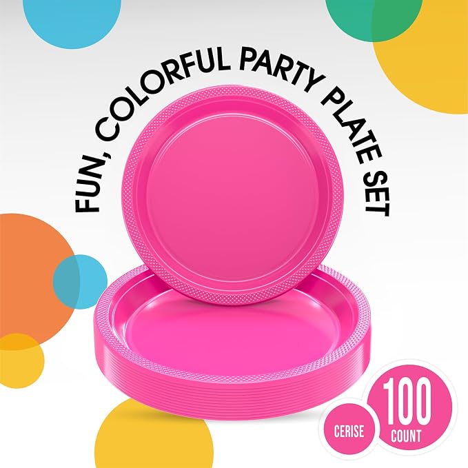 Exquisite Party Solids Hot Pink Plates Disposable Hot Pink Plastic Plates 100 Pieces - 50-7" & 50-9" Heavy Duty 350 GSM Disposable Dinnerware Sets, Plastic Dinnerware Sets