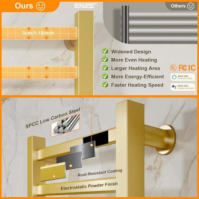 ENZE Smart Heated Towel Rack, 6-Bar Wall-Mounted Electric Towel Warmer 150W, Wi-Fi App Control & LED Touch Screen, Adjustable Temperature & 24H Timer, IPX5, Plug-in/Hardwired, Gold, Low Carbon Steel