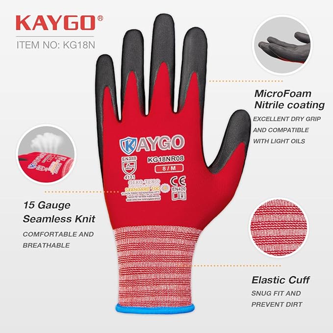 KAYGO Safety Work Gloves MicroFoam Nitrile Coated, 3 Pairs KG18NB,Seamless Knit Nylon Glove for Men and Women, Ideal for Automotive,Warehouse,Construction (XL,Red)