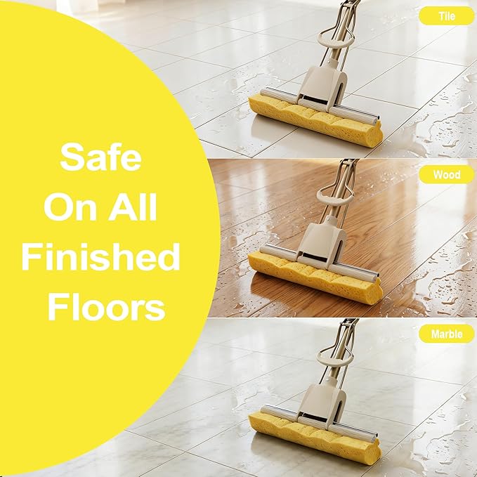 LILAC Cellulose Sponge Mop with 2 Replacement Heads, 4-Color Handle Choices for Zoned Cleaning, Super Absorbent Pop Up Roller Mop for Hardwood,Laminate Floors, Heavy Duty Floor Scrubber (Yellow)