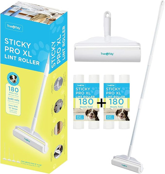 True & Tidy StickyPro XL Lint Roller Value Set with 2 Lint Roller Refills, Heavy-Duty Durable, Adjustable Handle Works Great on Pet Hair, Clothing, Furniture and More, 360 Sheets Total, Refillable