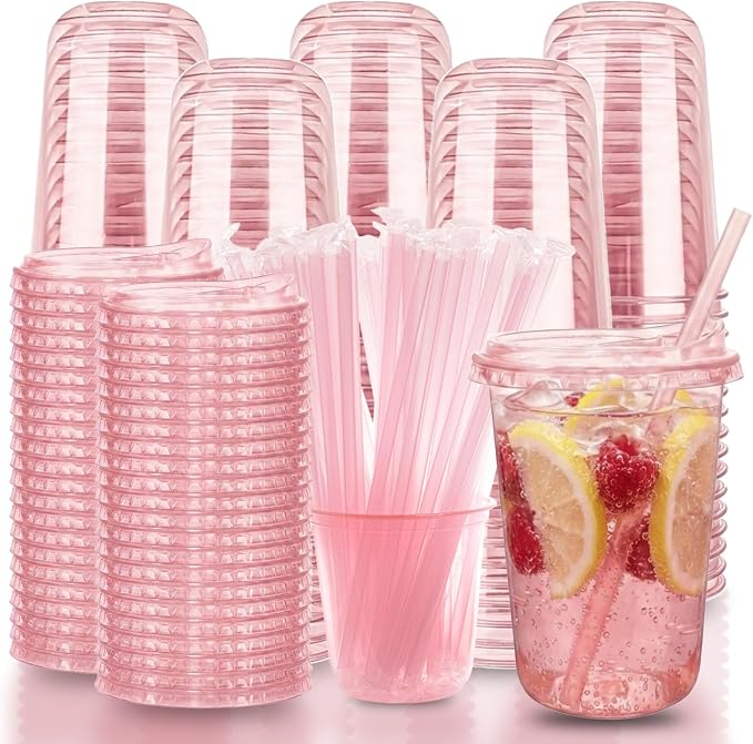 16oz Disposable Stemless Glasses With Strawless Sip Lids and Straws,PET Disposable Drinking Cups,Clear Plastic Wine Glasses for Parties Birthday,Wedding,Meeting,Party Supplies. (100, Pink)