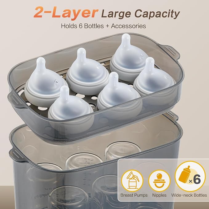 AMZBABYCHEF 4-in-1 Baby Bottle Steamer and Dryer, Electric Steamer with Fast Drying, Universal Fit for All Bottles, LED Touch Screen & Auto Shut-Off Protection (Grey)