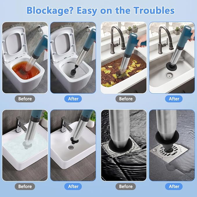 Electric Toilet Plunger High Pressure Electric Air Drain Blaster Gun with Visual Barometer，Air Power Plunger for Bathroom,Kitchen Bathtub Toilet Floor Drain Clog Remover-Blue