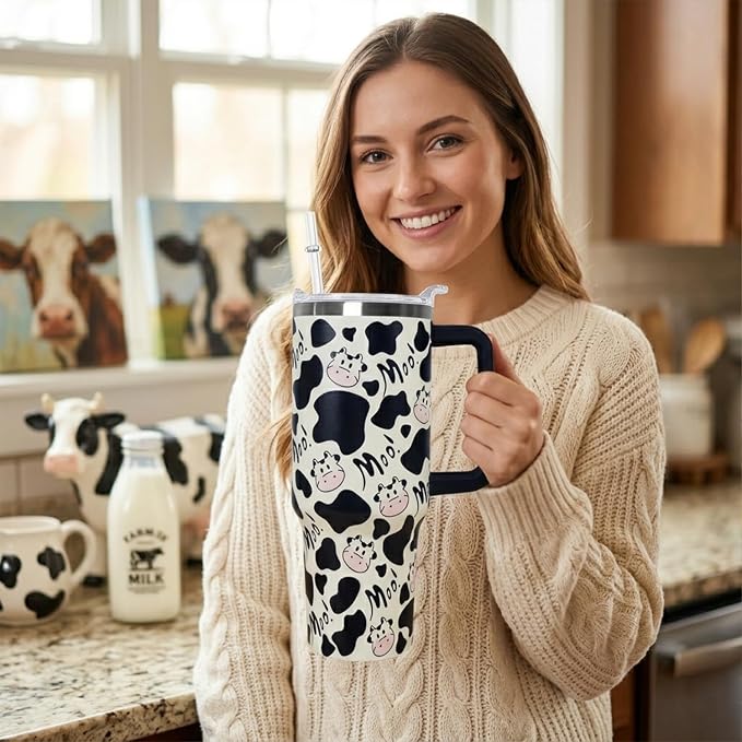 Ceovfoi 40 Oz Cow Tumbler With Handle,Cow Print Coffee Travel Mug Cup Water Bottle,Cow Print Decor,Cow Gifts for Women