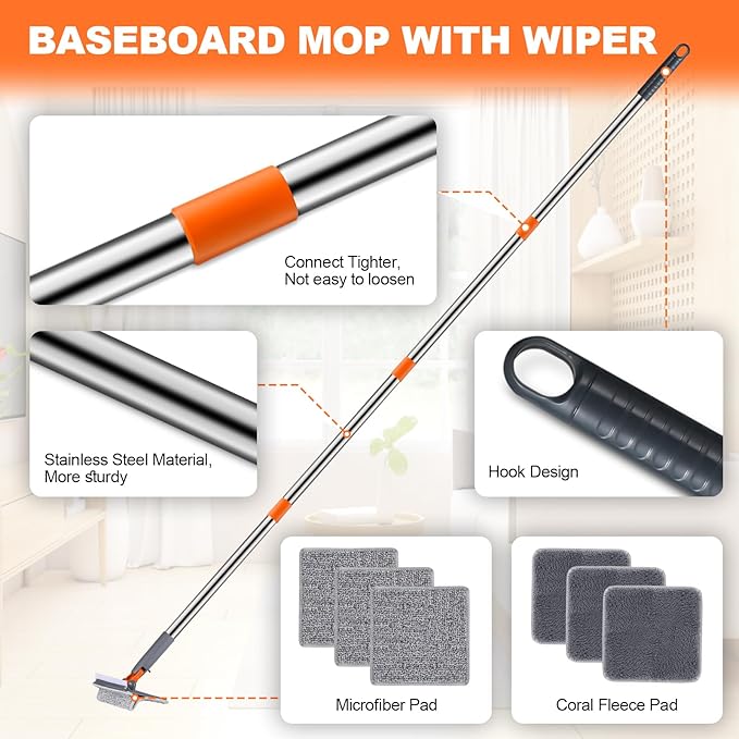 Baseboard Cleaner, PLOEOUAR Convex Duster Cleaning Mop with 63'' Long Handle, 360° Rotatable Adjustable Mop with 6 Reusable Pads for Baseboards Cleaning, Door Frame, Windows & Ceiling