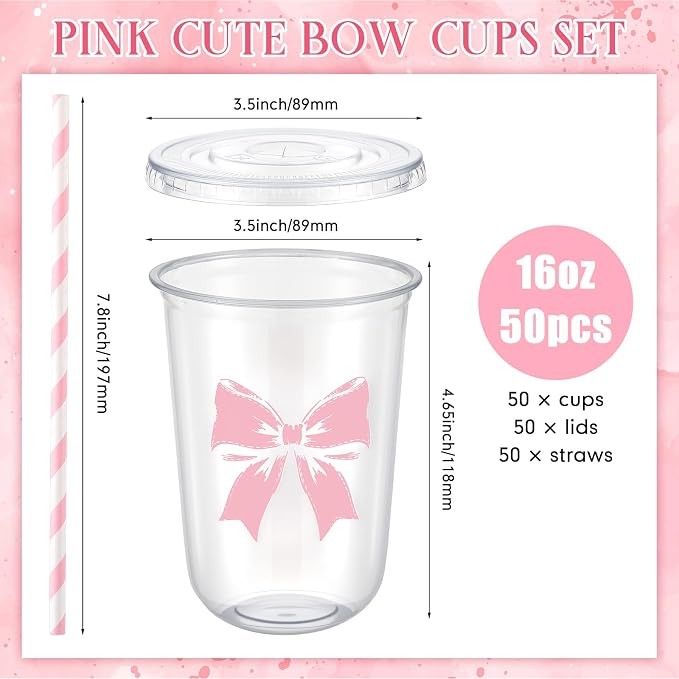 LemonRoad 50sets 16oz Pink Bow Cups Pink Birthday Party Decorations Supplies Cute Plastic Cups Disposable with Lids and Straws for Valentines Galentines Day Christmas Wedding Baby Shower Decorations