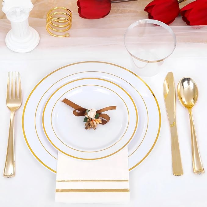 GATHER 700PCS Gold Plastic Plates - Whtie and Gold Disposable Dinnerware Sets 100Guest - 200 Disposable Plate, 300 Plastic Silverware, 100 Cups, 100 Napkins for Wedding & Party
