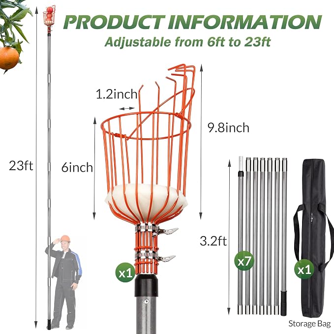 Walensee 23FT Fruit Picker with Basket, 35-276 Inch Ultra-Long Mango Picker Pole, Heavy Duty Cherry Picker Tool for High Tree, Citrus Apple Avocado Pear Lemon Orange Picking, with Storage Bag