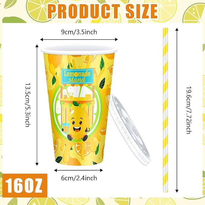Tessco 150 Pcs 50 Sets Lemonade Paper Cups with Lids and Straws 16 oz Disposable Iced Coffee Paper Cup Summer Cold Cups for Lemonade Stand Supplies Fruit Party Beverages Drinks Juices