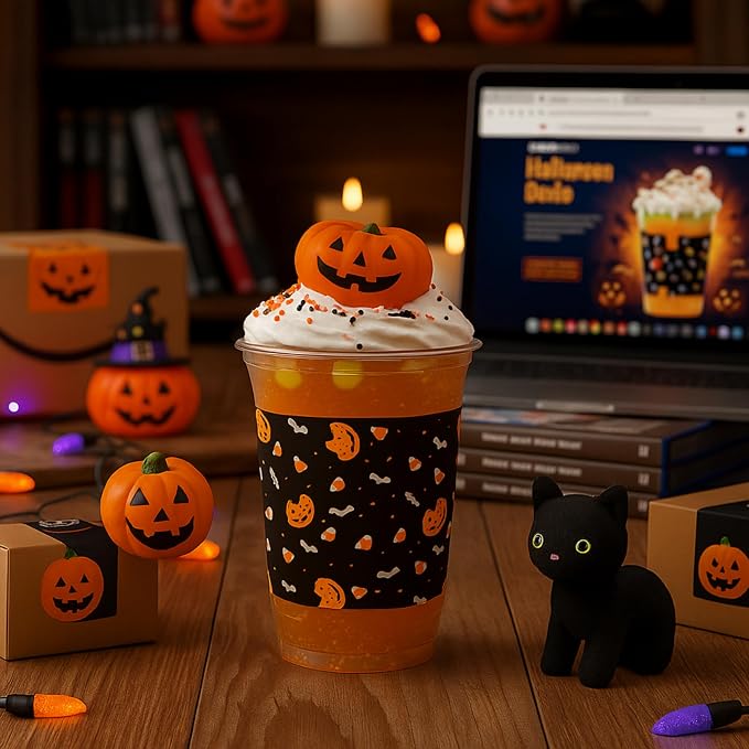 Bokon 100 Pcs Candy Corn Halloween 12 oz Plastic Cups Disposable Cocktail Glasses Happy Halloween Cute Disposable Cups for Coffee Juice Hot Cold Drinks Party Supplies(Black, Candy Corn)