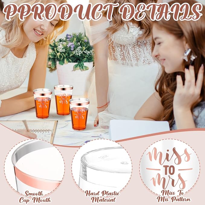 Funnymoom 36 Pcs Wedding Miss to Mrs Cups 12 oz Gold Plastic Cups Disposable Bridal Shower Drinking Tumblers Clear Wine Glasses Tumblers for Engagement Bachelorette Supplies Party Favors (Rose Gold)