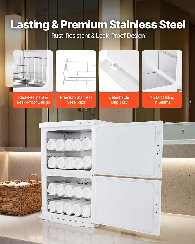 VEVOR Hot Towel Warmer, 46L Large Capacity 2-Tier Towel Warmer Cabinet with Clip & 4 Stainless Steel Racks, Holds up 48 Towels, All-Round Heating Cabinet for Spa, Barber, Manicures, Massage, Salon