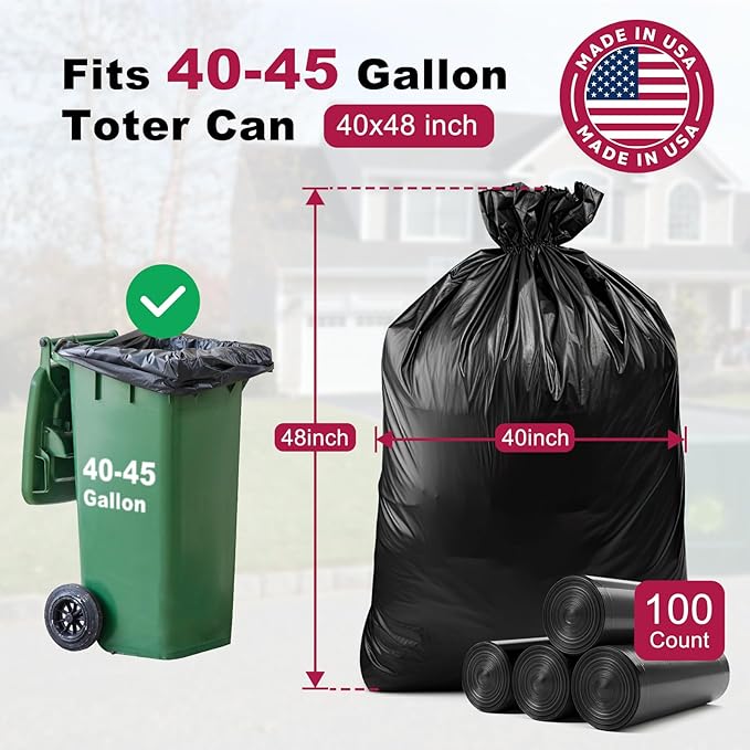 40-45 Gallon Garbage Bags, 40"x48", Pack of 100, Heavy Duty Large Trash Bag, Strong Trash Can Liners for Office, Picnic, Kitchen, Commercial, Made in USA