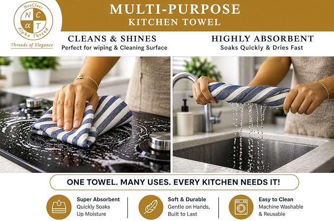 Pack of 6 Cotton Kitchen Towels Set, Dish Towels, Cleaning Rags, Kitchen Dish Cloths for Washing Dishes, Cotton Cleaning Cloths, Ultra Soft, Lightweight & Quick Dry, Slub Weave, 28" x 18", Denim Blue