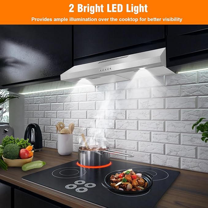 Rang Hood 30 inch Under Cabinet, Ductless Slim Kitchen Range Hood Vent with Filter, LED Lights, 3 Speed Exhaust Fan, Campanas para Cocina (JX3875- Stainless Steel)