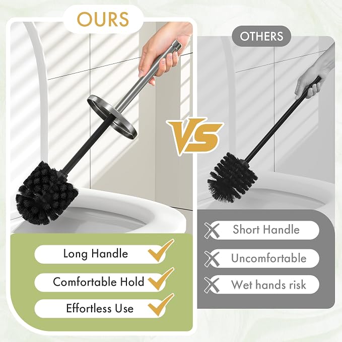 Toilet Bowl Brush and Holder Set 3 Pack with 6 Extra Brush Heads | Extra Long Handle with Splash Guard Cover, Tool-Free Installation, Bathroom Space-Saving, Cleaner Sets for Apartments, RV (Silvery)