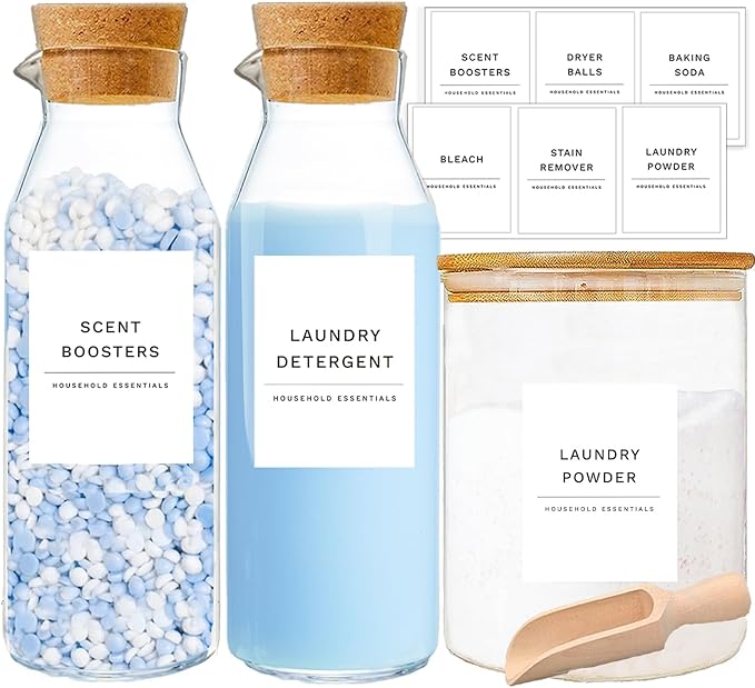 KOSKIMER Glass Laundry Detergent Dispenser Set, Liquid Detergent Containers, Scent Booster & Bleach Dispenser for Laundry Room (2 Bottles & Jar)