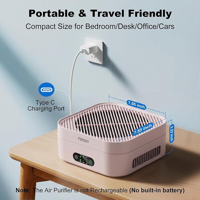 Air Purifiers for Home, 2 Filter, Plug-in, H13 True HEPA Filter Captures Smoke Odor Pet Dander, Portable Quiet Car Air Purifier for RV/Desk/Bedroom/Office, Covers up to 600 Ft², Timer - Pink