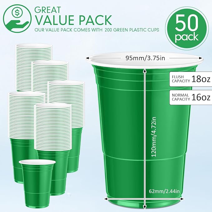 Mimorou Green 200 Pack Plastic Cups 16 oz Disposable Cups for Party Wedding Halloween Stackable Beverage Drinking Tumbler Heavy Duty for BBQ Birthday Baby Shower