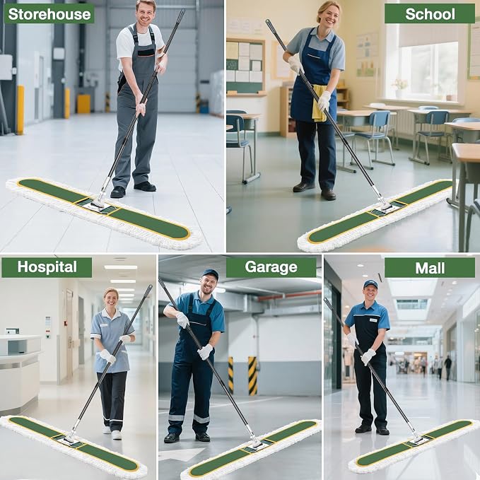 48" Commercial Dust Mop for Floor Cleaning with 2 Cotton Mop Pads | Heavy Duty Wet Dry Broom with 65" Metal Handle for Commercial Industrail Office Garage Warehouse Factory Mall/Green