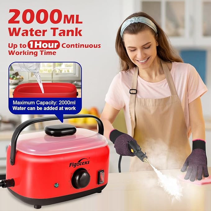 Flgocexs Handheld Steam Cleaner,2500W High Temperature High Pressure Steam Cleaner with 3 Brush Heads, Portable Steam Cleaner with 1.5L Tank For Car Detailing Kitchen Bathroom Floors