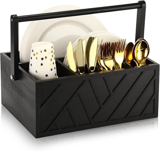 LemonRoad 13 Inch Rustic Silverware Caddy with Handle Wooden Flatware Utensil Holder Paper Plate and Silverware Caddy Organizer Cutlery Holder for Kitchen Countertop Picnic Cups Forks Napkins(Black)