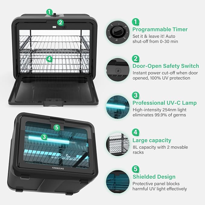 KING&DUKE 8-Liter UV Cabinet with UV Light, Large Capacity Storage Box for Hair Salon Tools, Manicure Sets, Smartphones, and Home Use（Black）