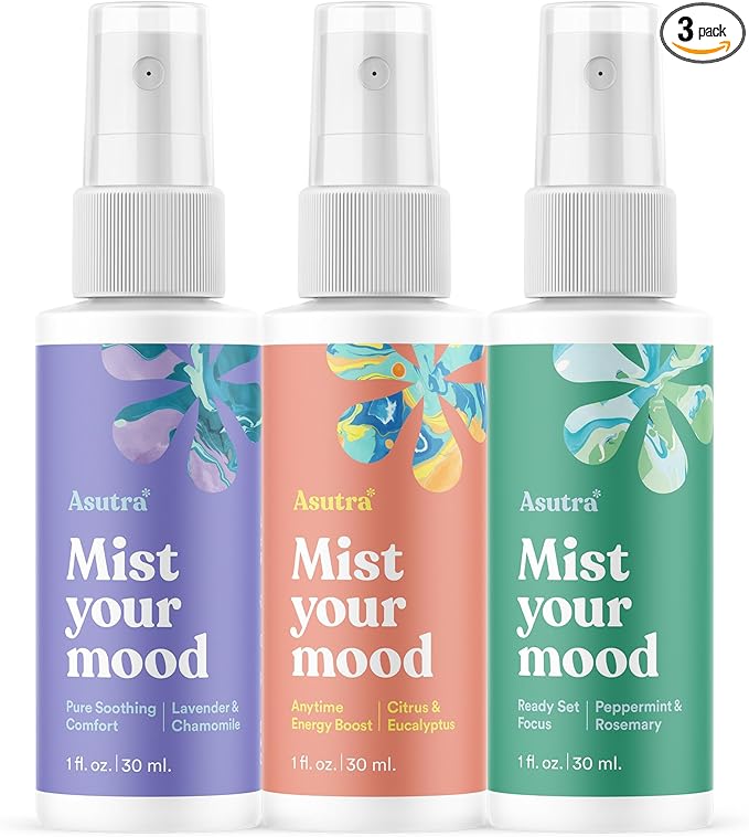 Asutra Multi-Use Natural Aromatherapy Essential Oil Room Spray, Calming Linen & Pillow Mist, 3 Scent Mini Sampler for Sleep & Travel, 1 fl oz
