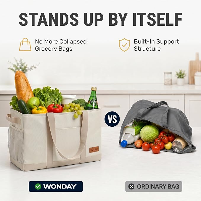 WONDAY Extra Large Utility Tote Bag - Standing Reusable Grocery Bag with Handle, Collapsible Storage for Shopping, Beach