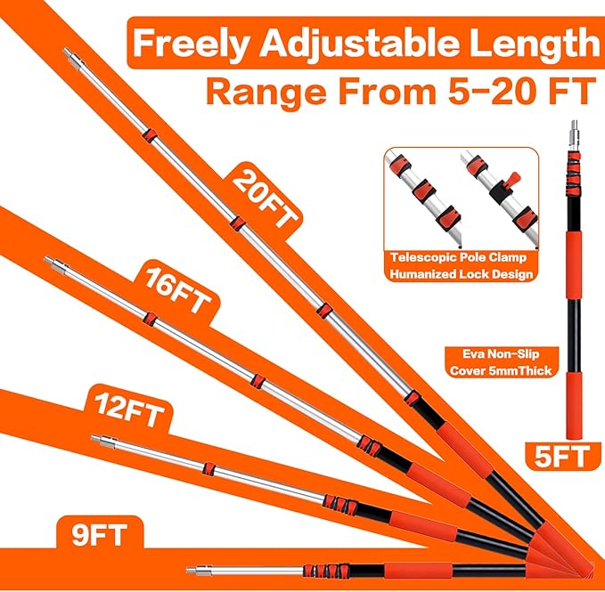 26FT High Reach Duster Cleaning Kit with 5-20 FTExtension Pole, High Ceiling Fan Cleaner Duster Tool for Fan Blades, Extendable Reusable Cobweb, Feather, Window Cleaning Squeegee Kit (20FT)
