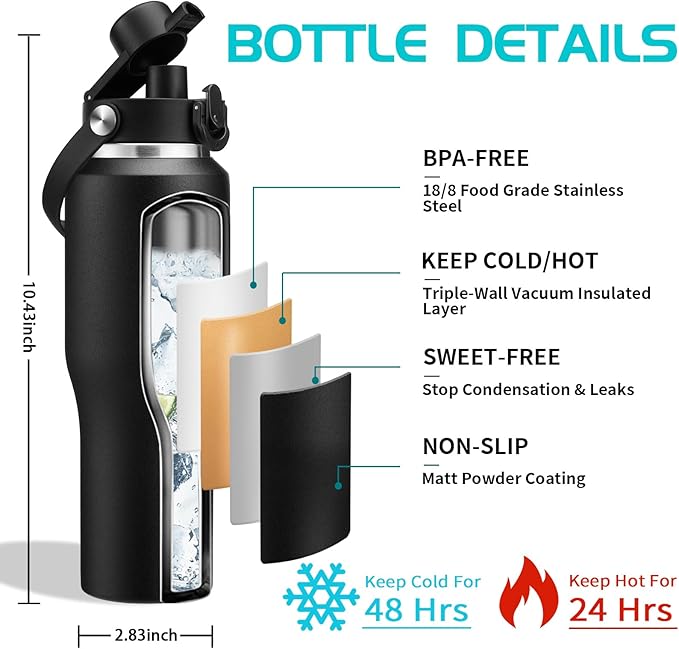 32oz Stainless Steel Water Bottle, Cold-48H & Hot-24H, Water Flask Thermal with Straw & Spout Lids, Pouch, Vacuum Insulated Bottle for Gift Black