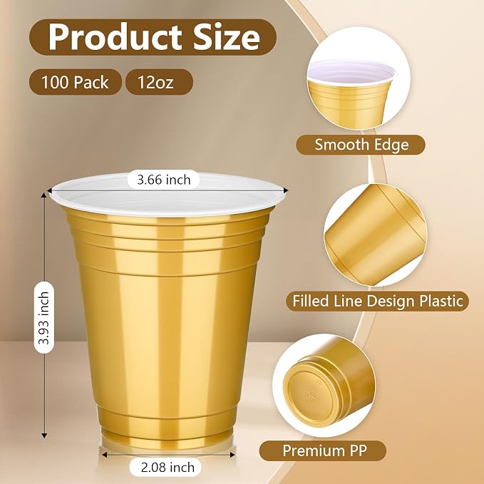 tchrules 100 Pcs 12oz Gold Plastic Cups, Disposable Gold Party Cup for Christmas, Plastic Drinking Cup Bulk for Halloween Thanksgiving Birthday Wedding Picnic Party Decoration Supplies