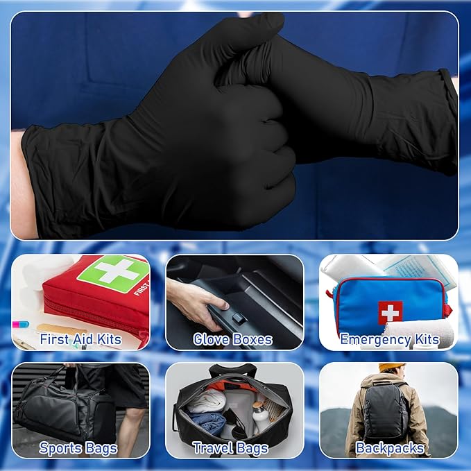 Chicingyou 50 Pairs Disposable Emergency Glove Individually Packaged Travel Gloves Travel Trauma Essential Nitrile Glove (Black)