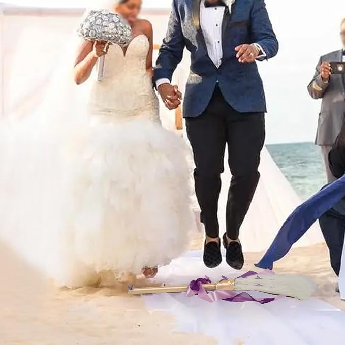 Wedding Broom Jumping Broom for Wedding Ceremony 28 inch Tall Whisk Brooms with Straw White Pampas Grass, Purple Butterfly/Ribbons (Finish Product)
