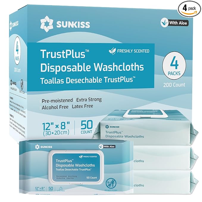 SUNKISS Trustplus Wet Wipes for Adult No Rinse, Extra Large 8”x12” Body Cleaning Washcloths for Elderly Incontinence & Cleansing, Fresh Scented, 200 Count (4 Packs of 50)
