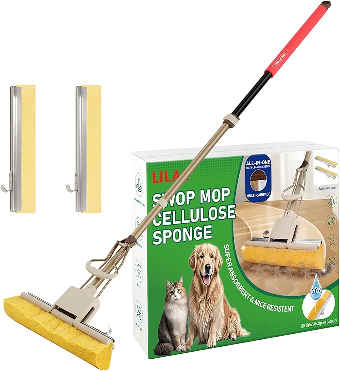 LILAC Cellulose Sponge Mop with 2 Replacement Heads, 4-Color Handle Choices for Zoned Cleaning, Super Absorbent Pop Up Roller Mop for Hardwood,Laminate Floors, Heavy Duty Floor Scrubber (Red)