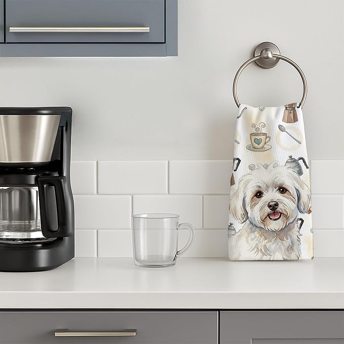 Caroline's Treasures Coton de Tulear Coffee Bar Kitchen Towel Velour Plush Front and Cotton Loop Back Machine Washable