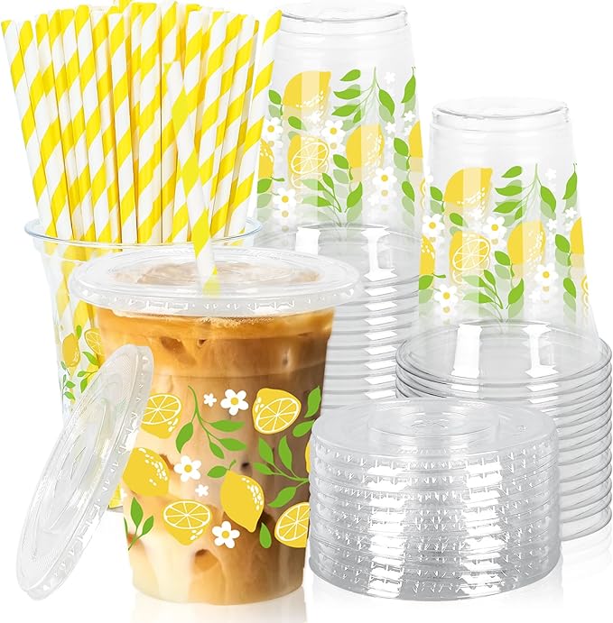 FYSUIMU 50Pcs 12Oz Lemon Floral Plastic Cup with Lid & Straw Yellow Green Flower Clear Disposable Drinking Cup for Summer Party Supplies
