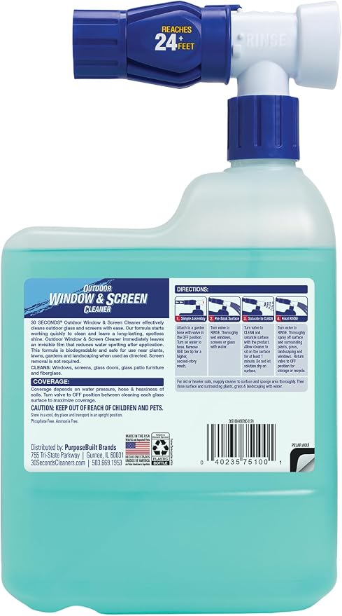 30 SECONDS Outdoor Window & Screen Concentrated Cleaner for Glass, Patio Doors, Fiberglass, Furniture - No Screen Removal Required, Spray & Rinse - Hose End Spray Attachment (5 PACK)