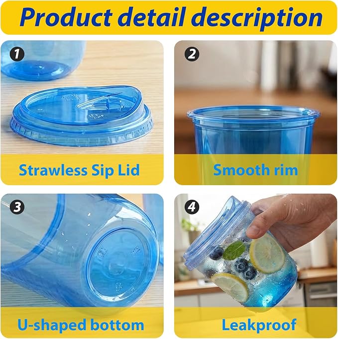 12oz Disposable Stemless Glasses With Strawless Sip Lids,PET Disposable Drinking Cups,Clear Plastic Wine Glasses for Parties Birthday,Wedding,Meeting,Christmas Party Supplies. (50, Blue)