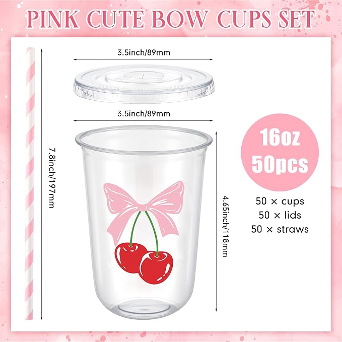 LemonRoad 50sets 16oz Pink Cherry Bow Cups Pink Birthday Party Decorations Supplies Cute Plastic Cups Disposable with Lids and Straws for Valentines Galentines Day Christmas Wedding Baby Shower