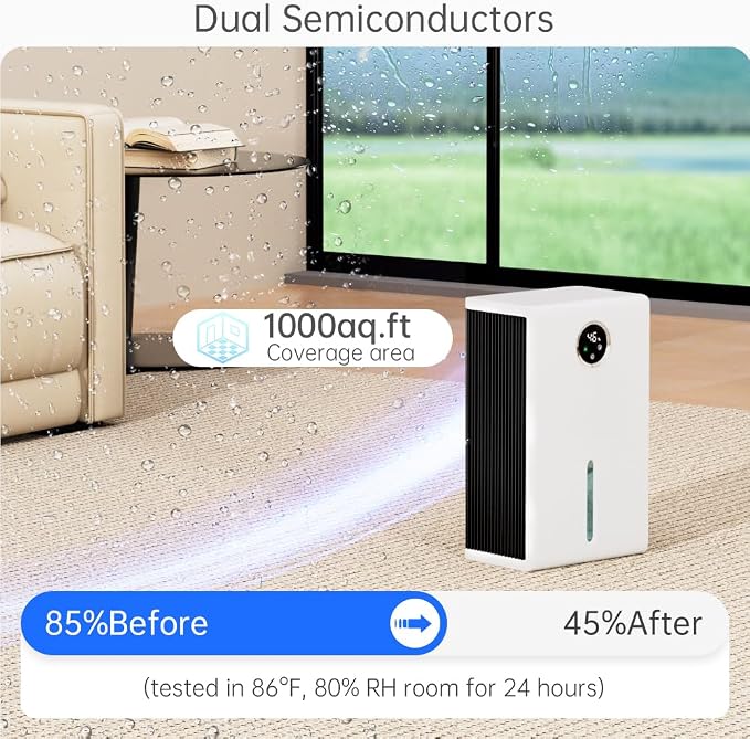 Dehumidifier for Home 1000 sq.ft Auto Shut Off Energy Saving & Quiet Design w/ 95 OZ Water Tank w/ 7 Colors LED Light w/Touch Screen Humidity Display Portable for Bedroom Bathroom Basement