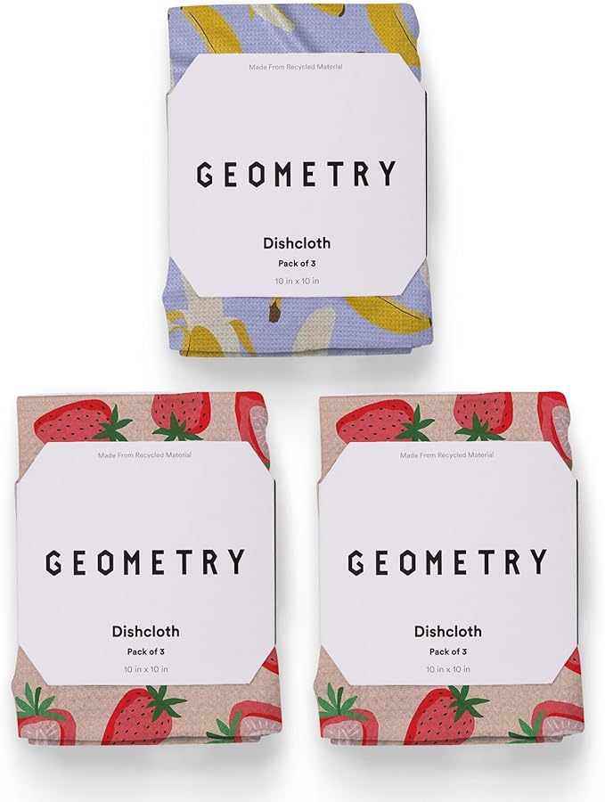 GEOMETRY Kitchen Dish Cloths - Spring & Summer Collection - Premium Dishcloths with Geoweave - Absorbent & Fast Drying Kitchen Towels - Strawberry Banana, 10" x 10" - 3-Pack