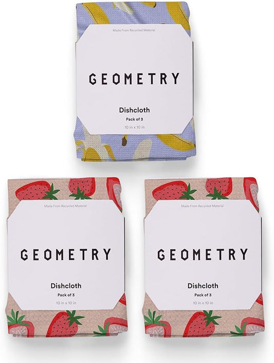 GEOMETRY Kitchen Dish Cloths - Spring & Summer Collection - Premium Dishcloths with Geoweave - Absorbent & Fast Drying Kitchen Towels - Strawberry Banana, 10" x 10" - 3-Pack