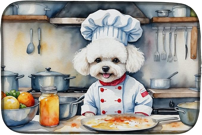 Caroline's Treasures DAC6208DDM Bichon Frise The Chef Dish Drying Mat Absorbent Dish Drying Mat Pad for Kitchen Counter Dish Drainer Mat for Countertop, 14 x 21", Multicolor